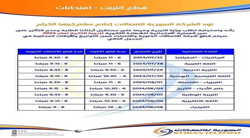 تعديل برنامج قطع الانترنت خلال الدورة الثانية لامتحانات الشهادة الثانوية